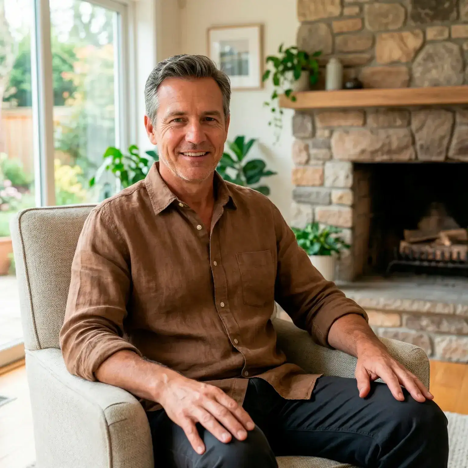 A man in his fifties sitting in an armchair by a stone fireplace, from the vendor's lifestyle artwork