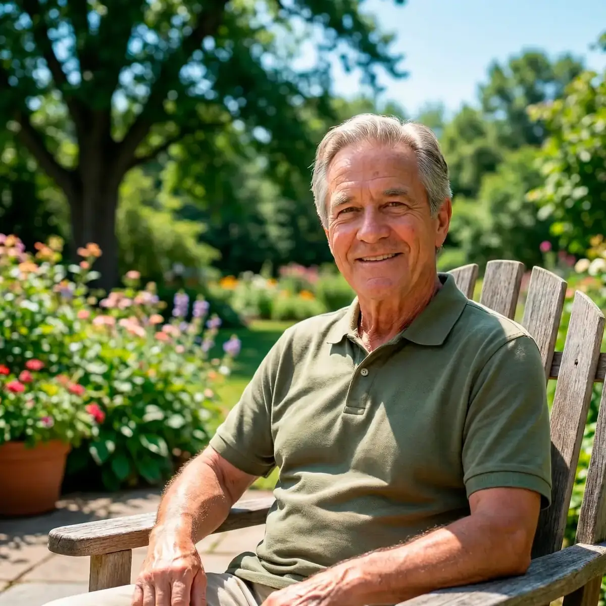 A man in his sixties sitting in a garden in summer, from the vendor's lifestyle artwork