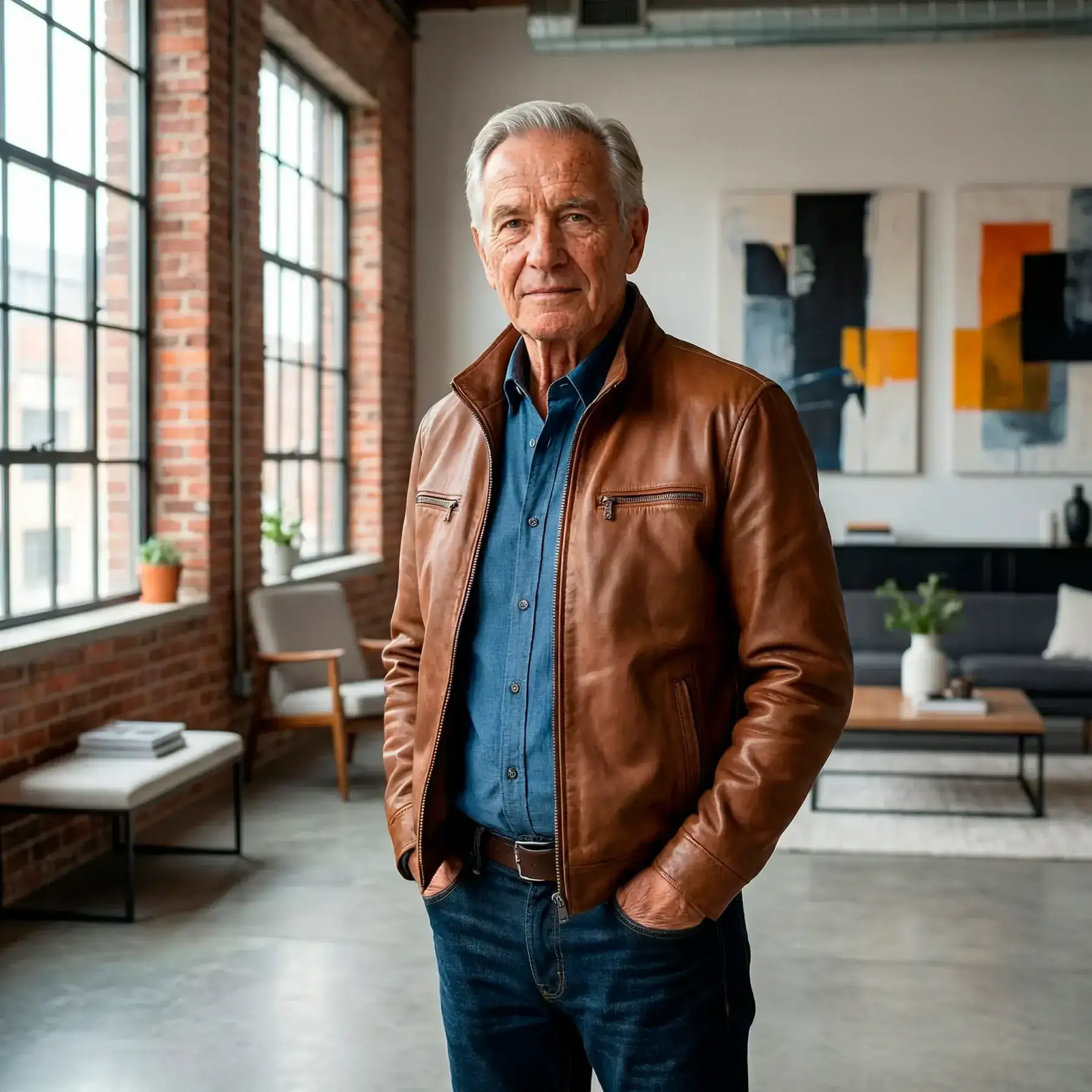 A man in his sixties standing in a bright loft apartment
