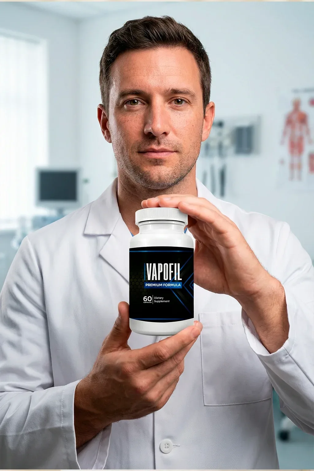 A man in a white coat holding a Vapofil bottle, from the vendor's artwork pack