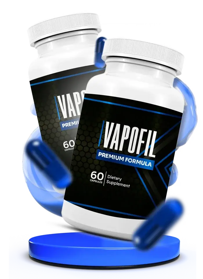 Two Vapofil bottles beside loose blue capsules on a raised disc