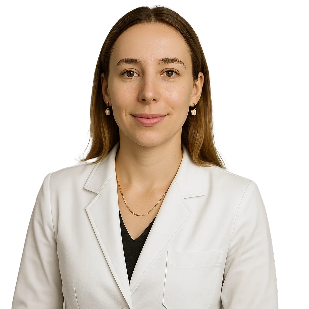 A woman in a white coat on a plain background, from the vendor's artwork pack