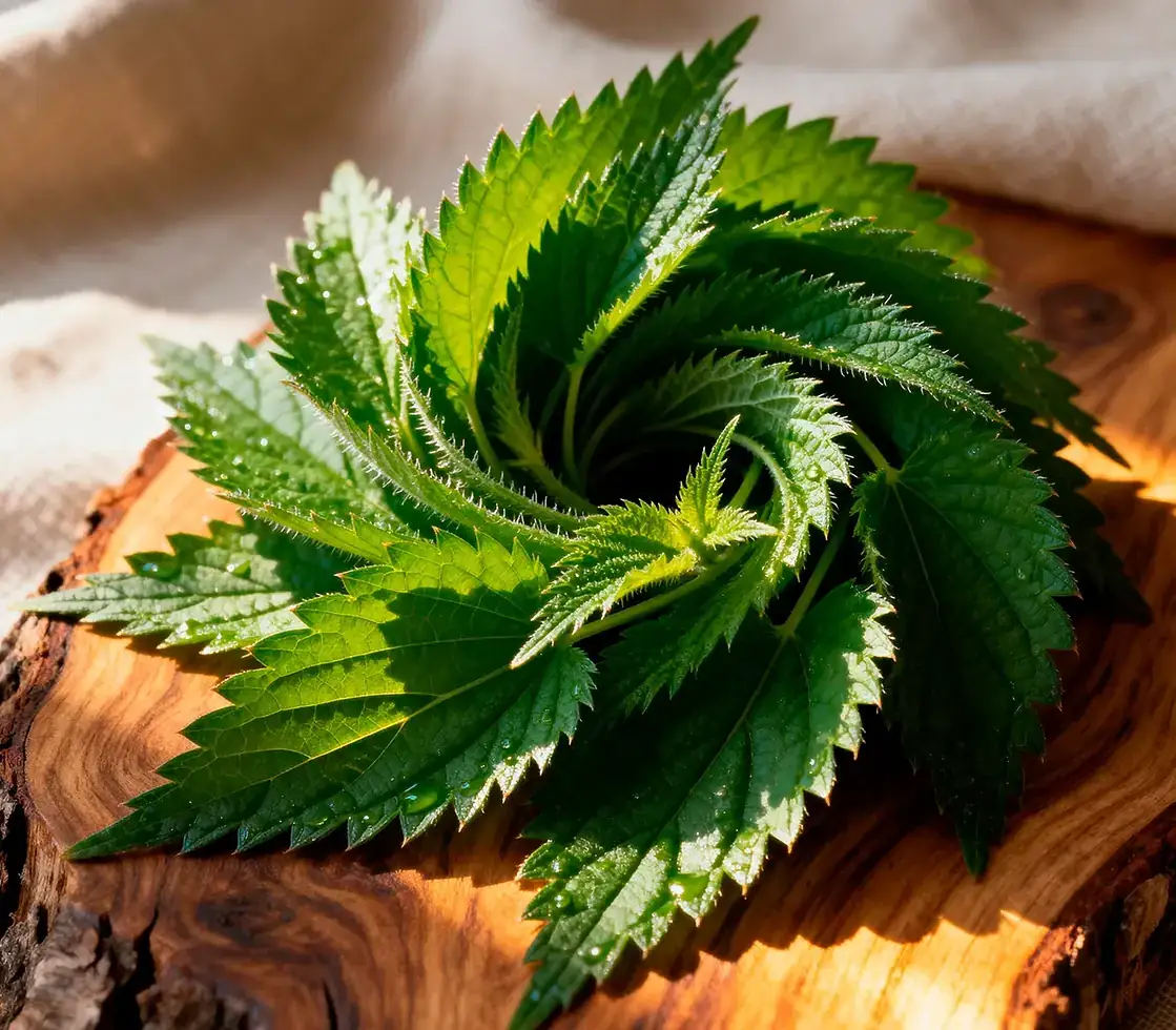 Fresh nettle leaves on a wooden board