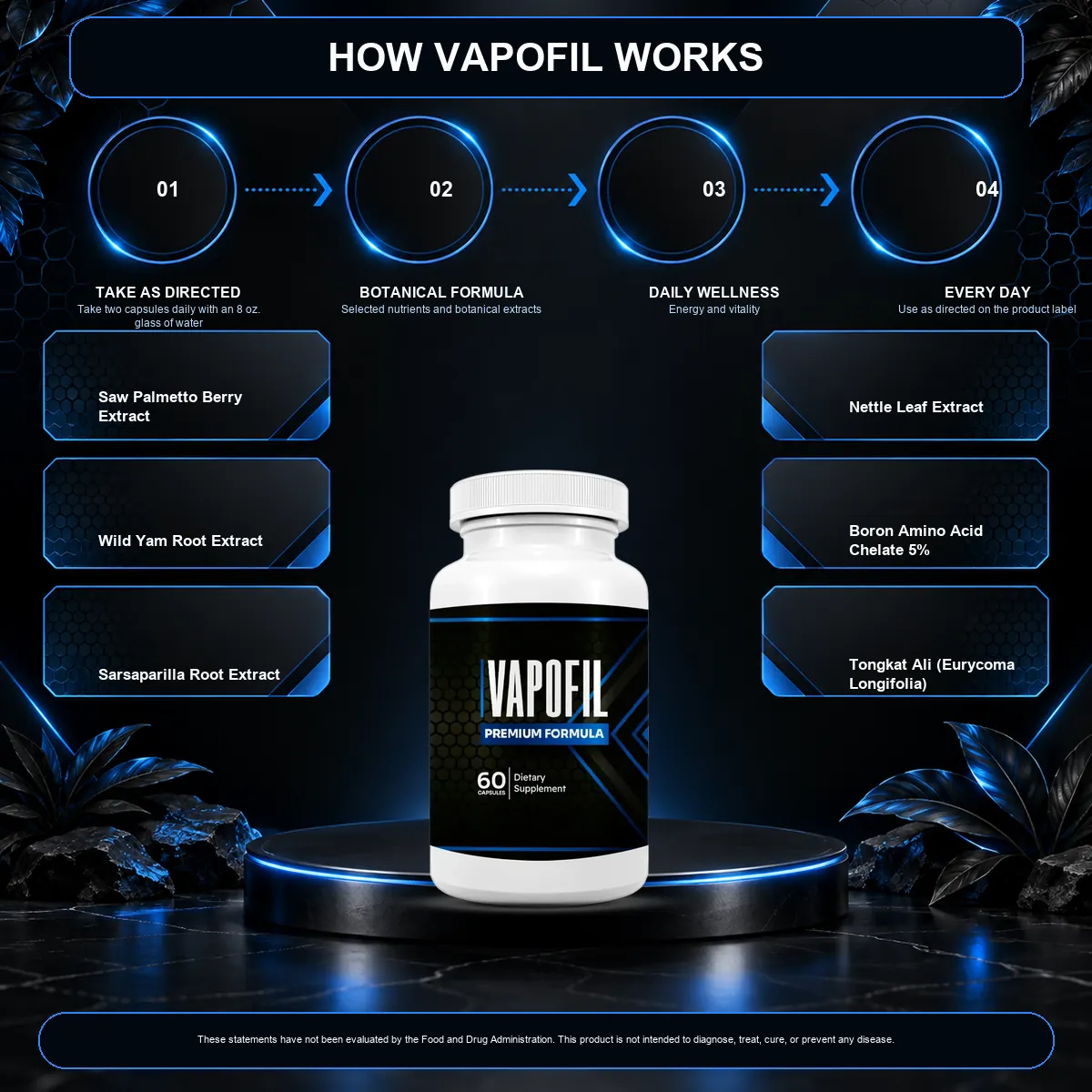 The Vapofil how-it-works graphic: take as directed, botanical formula, daily wellness, every day, with the six names the seller lists