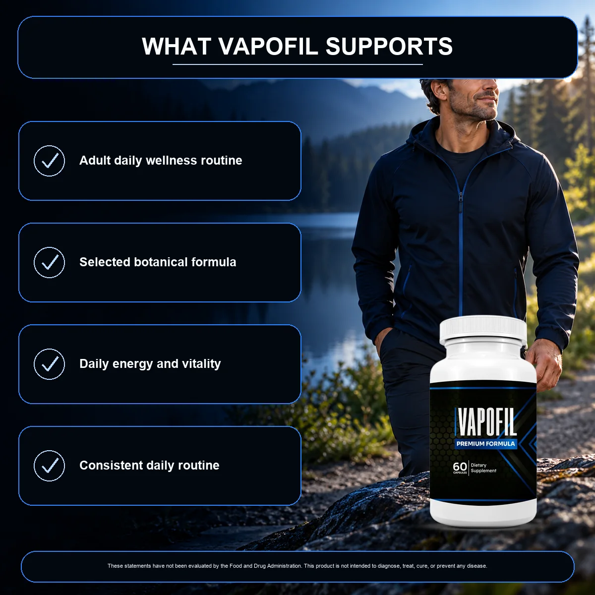 The What Vapofil Supports graphic: adult daily wellness routine, selected botanical formula, daily energy and vitality, consistent daily routine