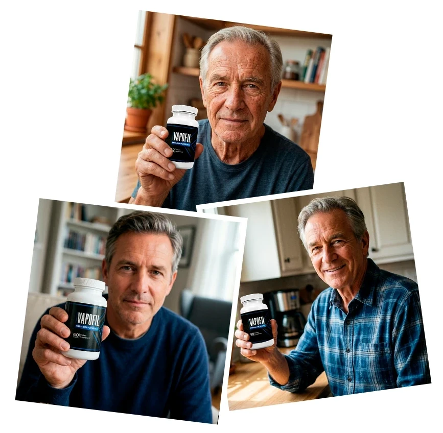Three instant photographs of Vapofil buyers holding the bottle at home