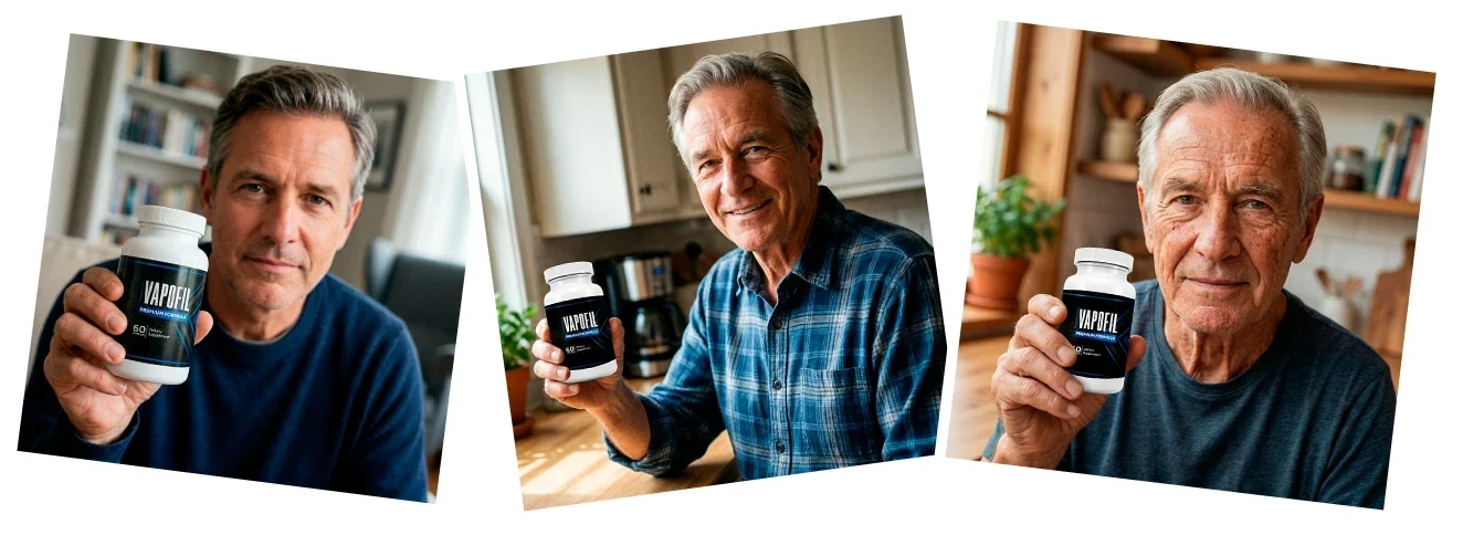 Three instant photographs of Vapofil buyers holding the bottle at home