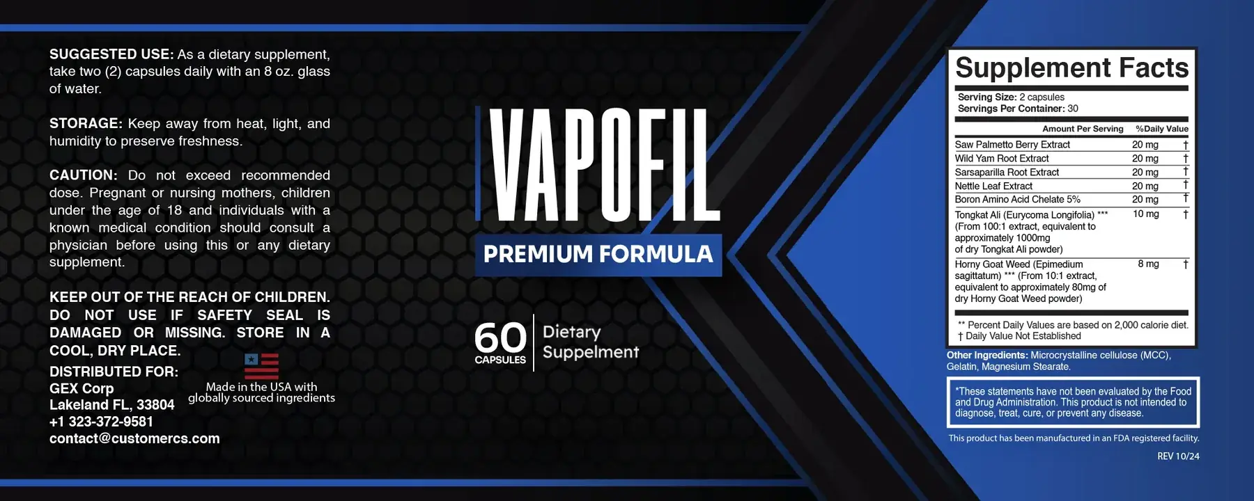 The Vapofil label artwork, showing the suggested use, storage, caution and the Supplement Facts panel
