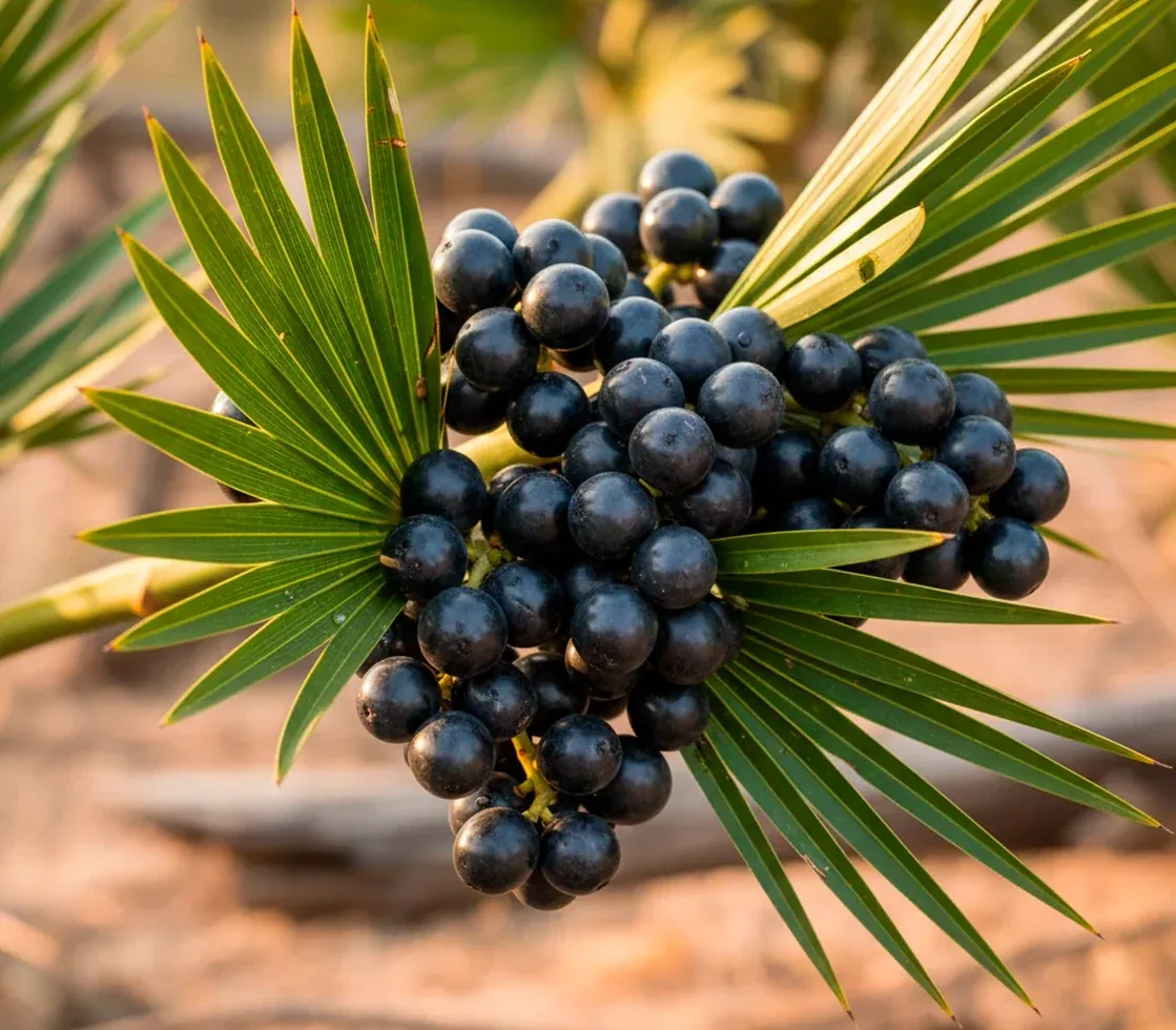 Ripe saw palmetto berries on the palm frond